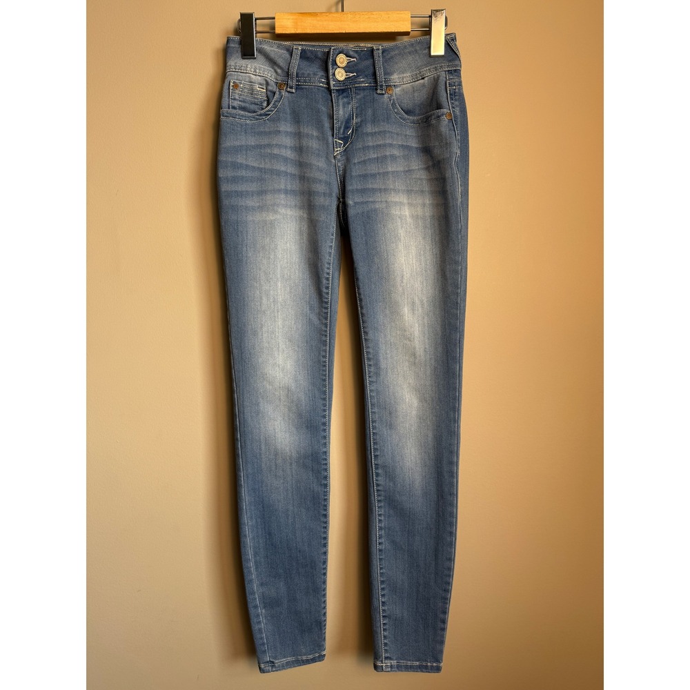 WallFlower Skinny Jeans Womens 1 Blue Denim Low Rise Double Button Stretch Y2K